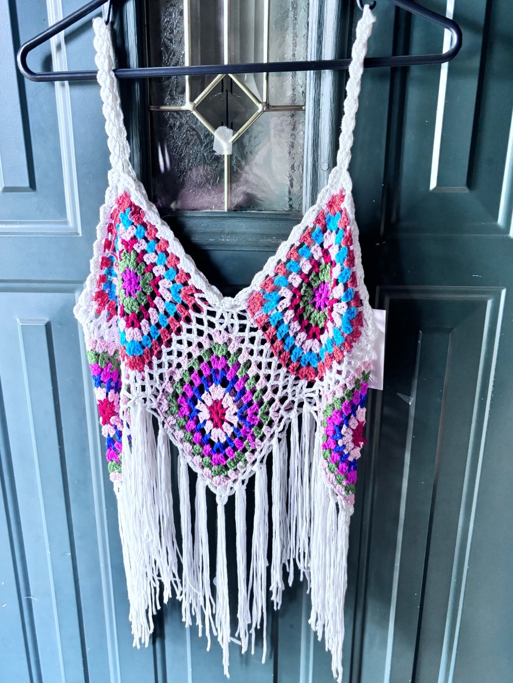 Rebellion White Crochet Fringe Tank with Multicolor Accents